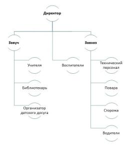 Учреждение осуществляет образовательную деятельность под руководством Директора, имеющего в прямом подчинении Завуча, Завхоза и Воспитателей